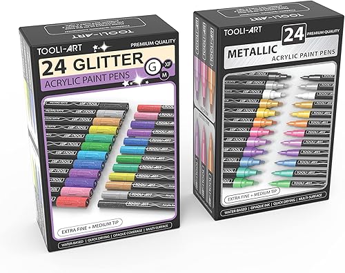 TOOLI-ART Juego de 48 bolígrafos de pintura acrílica metálica con purpurina para pintura de roca, vidrio, tazas, madera, metal, lienzo, tela,