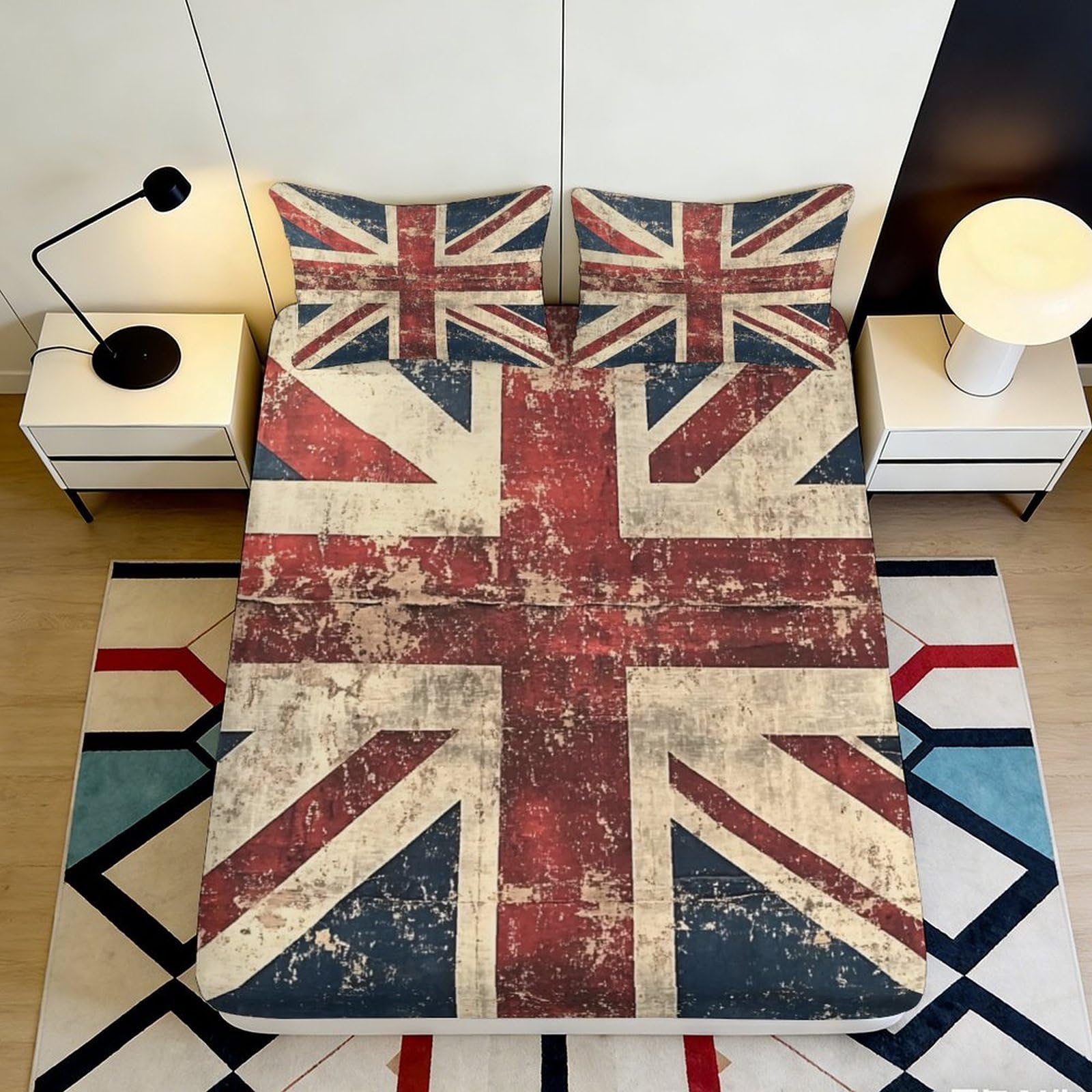 3D Printed Union Jack Flag Fitted Sheet Microfiber Soft British Vintage Bed Cover for Bedroom Dorm Mattress Protection Decor 140x200x25cm