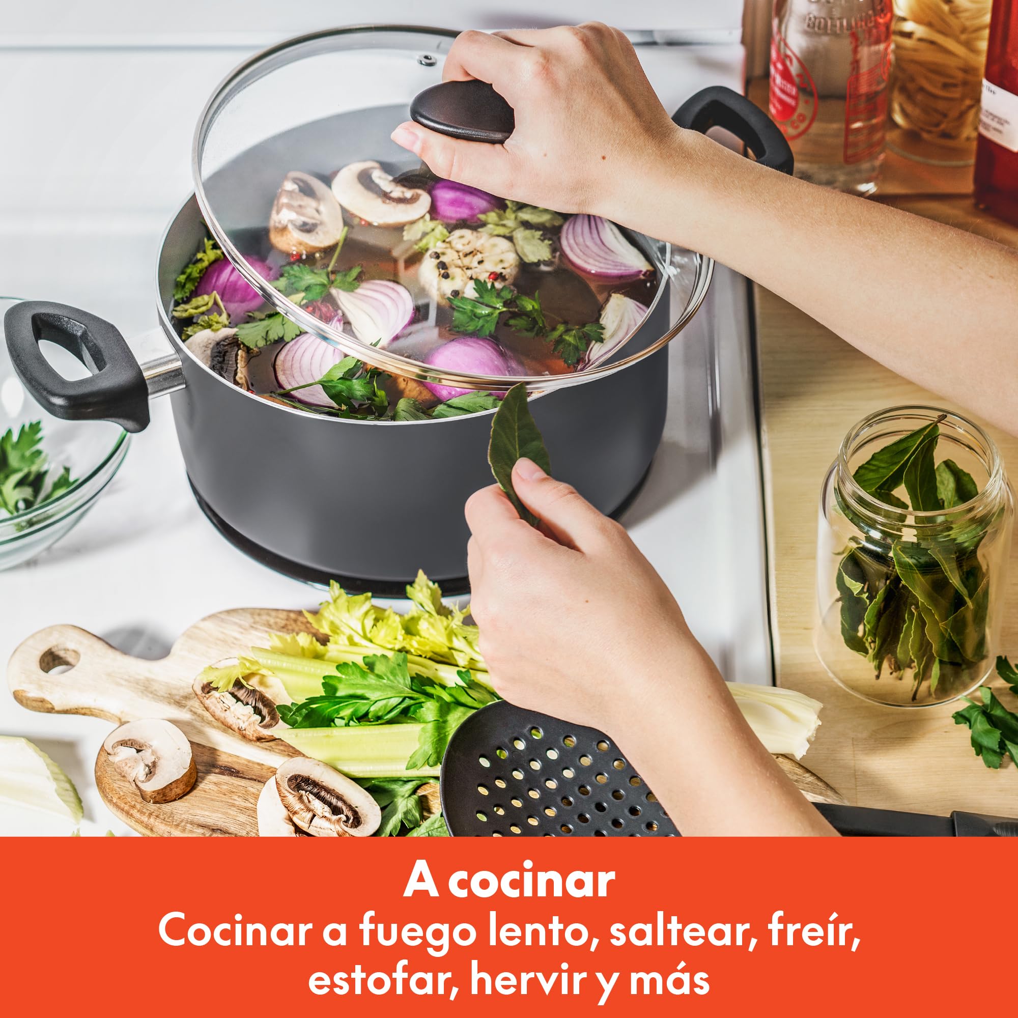 bella batería de cocina antiadherente con tapas de cristal, Bandejas para horno de aluminio, ollas, sartenes, cuencos de almacenamiento y utensilios, compatible con todas las estufas, 21 piezas, negro