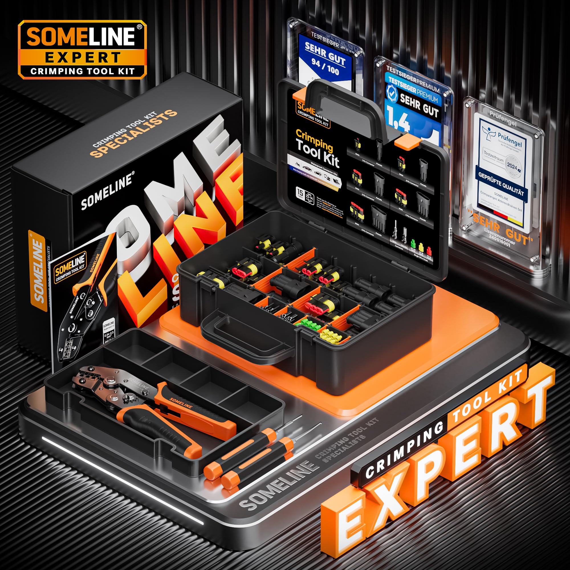 SOMELINE Kit de connecteurs automobiles étanches, Pince à sertir 0,34–2,5 mm², avec connecteurs 1/2/3/4/5 broches, outil de démontage | Pince à sertir compatible avec les connecteurs AMP série 1.5