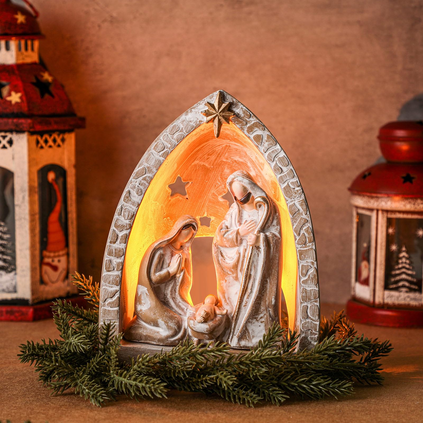 WILLBOND Christmas Nativity Sets, Modern Style Resin Nativity Tealight Candle Holder Xmas Indoor Statue Ornaments for Christmas Holidays Decoration Holy Family Figurine Gift(10 x 8.3 x 5.9 Inch)