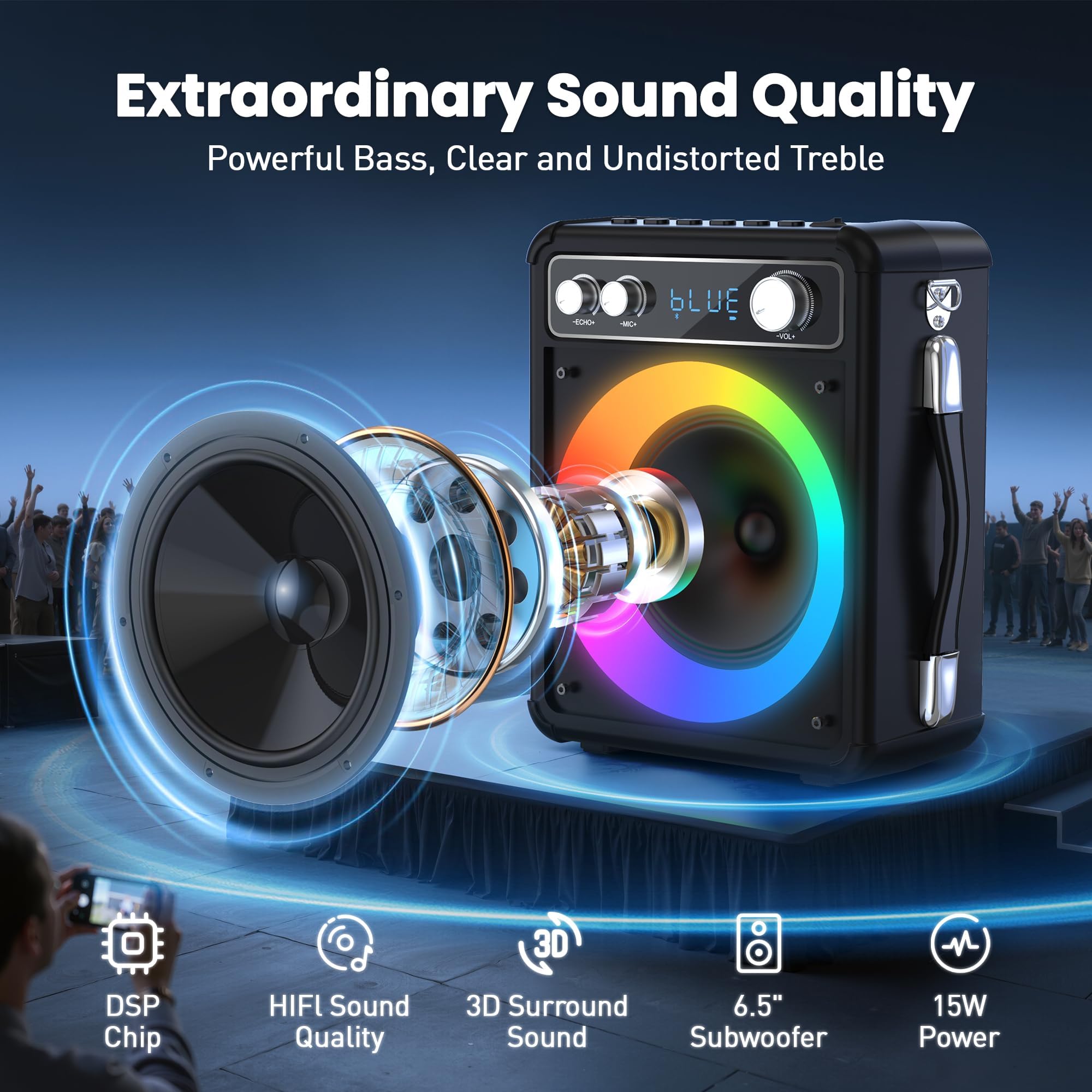 Tragbare Karaoke Maschine mit 2 Drahtlosen Mikrofone, Ankuka 15W Bluetooth Lautsprecher Box für Erwachsene/Kinder mit LED Lichteffekte, Unterstützt TF/USB, FM, Rec, AUX in, TWS für Party, Geburtstag