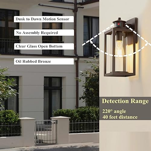 Miniatura 4 de MICSIU Paquete de 2 luces exteriores con sensor de movimiento del atardecer al amanecer, aplique de pared exterior de bronce impermeable con vidrio