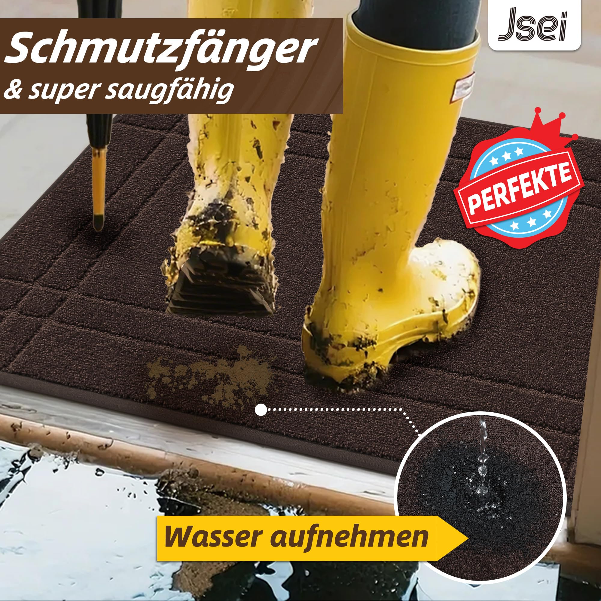 JSEI Schmutzfangmatte Innen – Geruchsfrei & Für Fußbodenheizung Geeignet | Fussmatte für Hund, rutschfest & Waschbar, 50 x 80 cm, Braun
