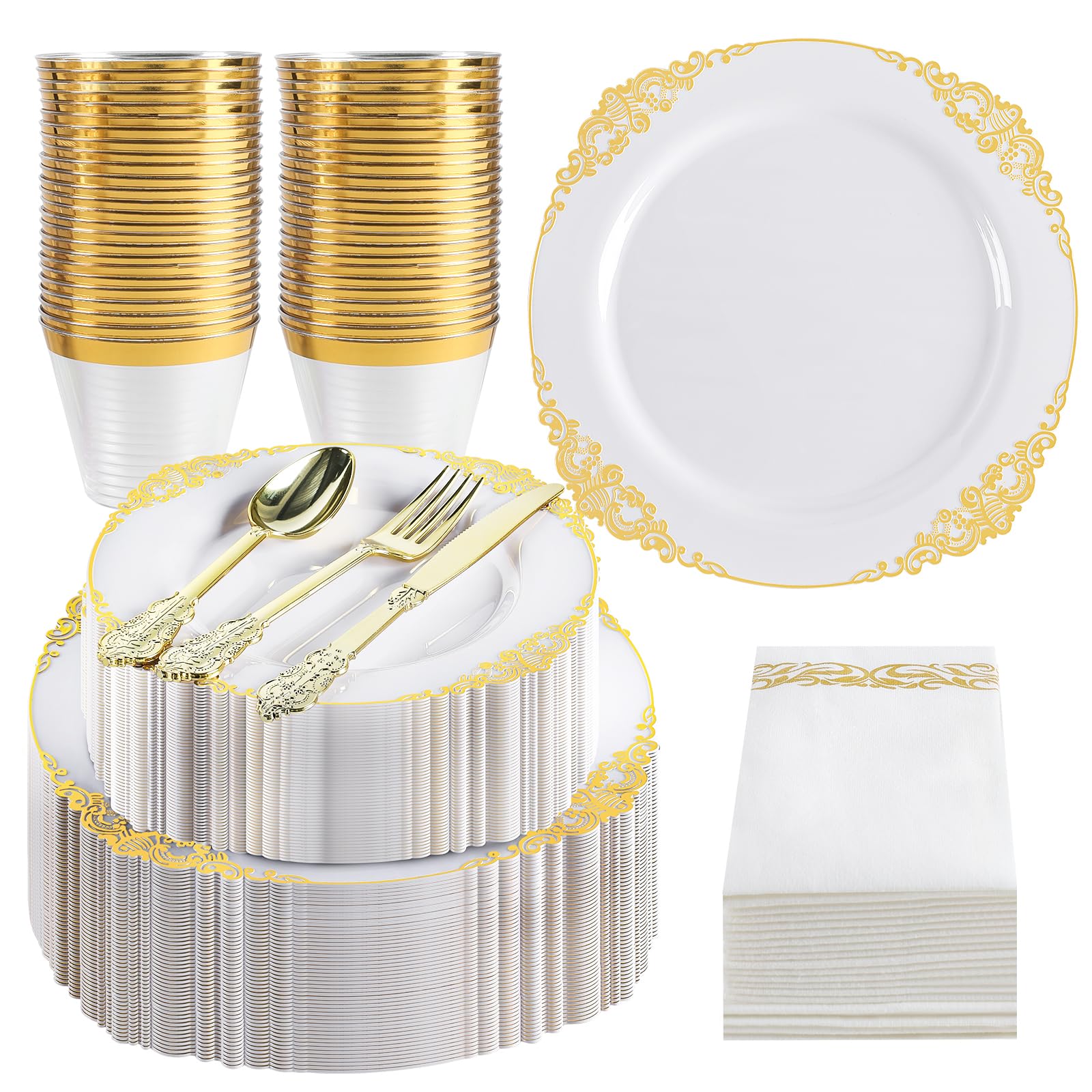 350 PCS White and Gold Plastic Dinnerware Set for 50 Guests,Disposable Fancy Dinner Plates with Gold Rim,50 Dinner Plates,50 Dessert Plates,150 Silverware,50 Cups,50 Napkins for Weddings,Party,Holiday