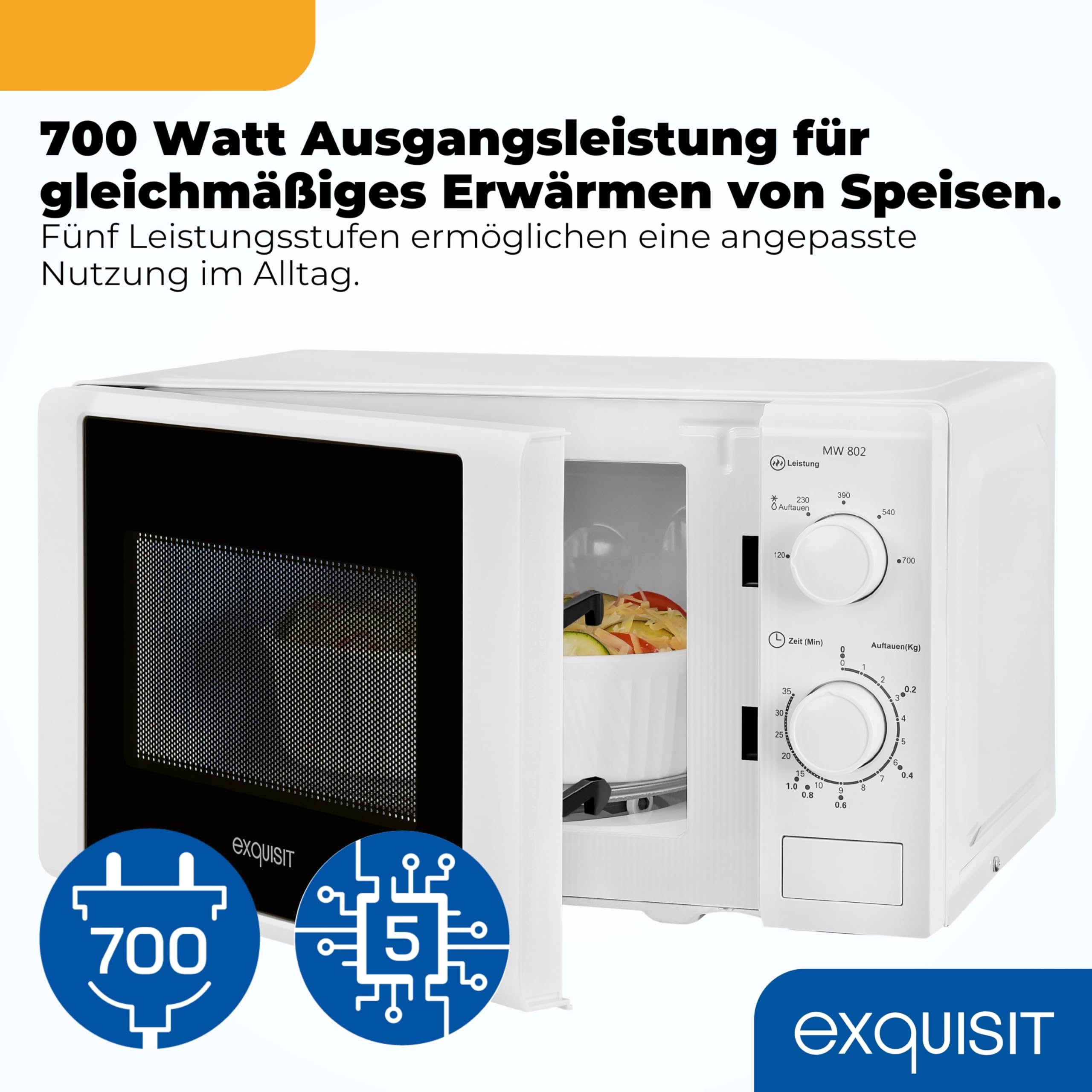 Exquisit Mikrowelle 700 W 20 L Mechanische Drehregler 5 Leistungsstufen Auftaufunktion Glas-Drehteller 255 mm Weiß