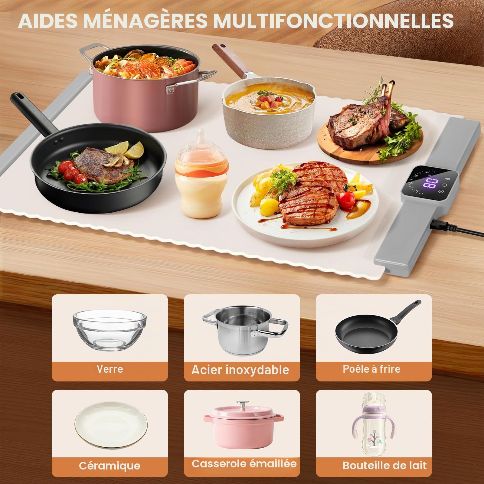 DoubleCare Chauffe Plat Électrique, Plaque Chauffante Pliable Flexible avec 5 Réglages de Température et une Minuterie de 4 Heures, Chauffe Assiette à Réchaud pour Buffets Fêtes Banquet