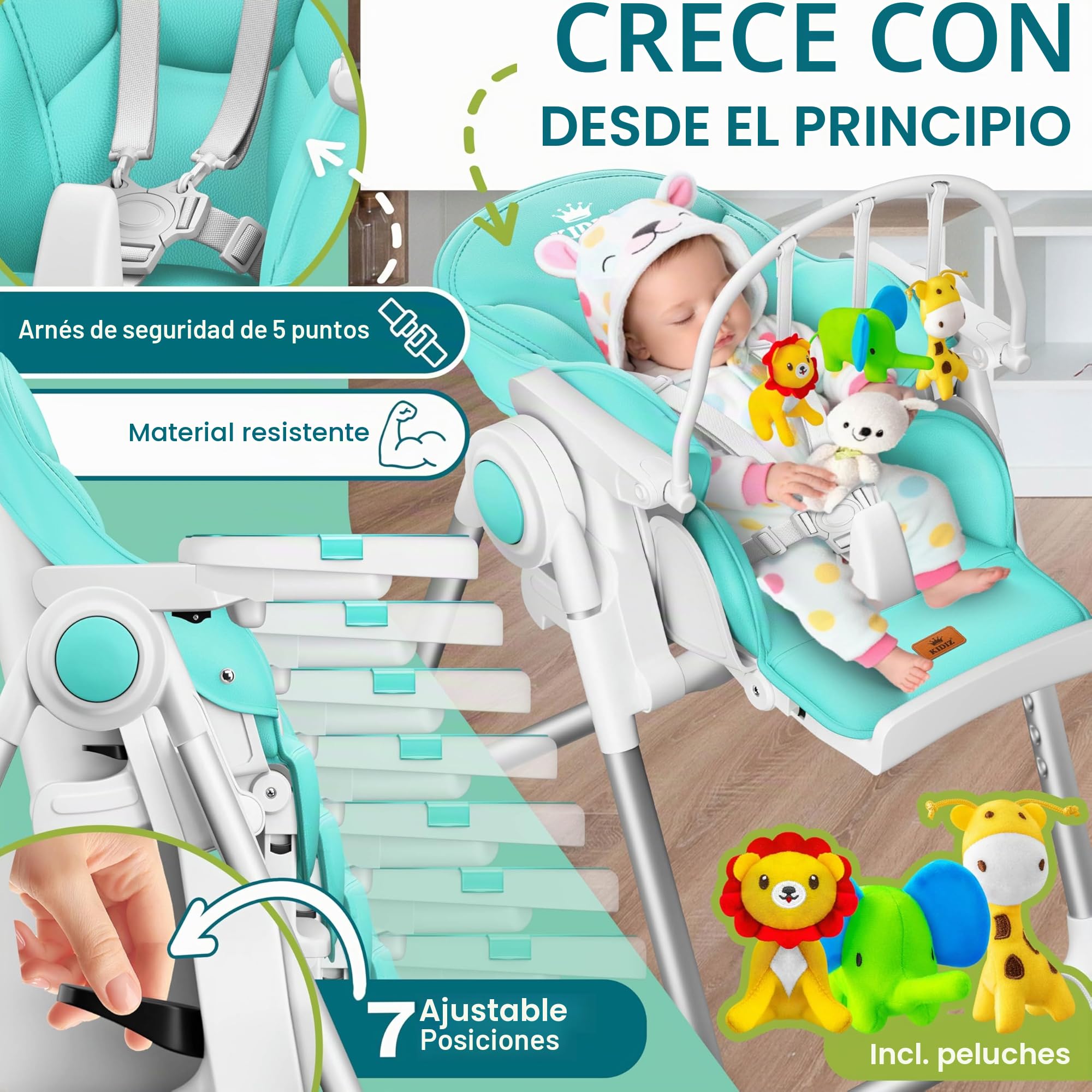 KIDIZ Trona 3 en 1, incluye barra de juegos y tumbona para bebé, asiento alto regulable 7 alturas, respaldo ajustable 0-36 meses