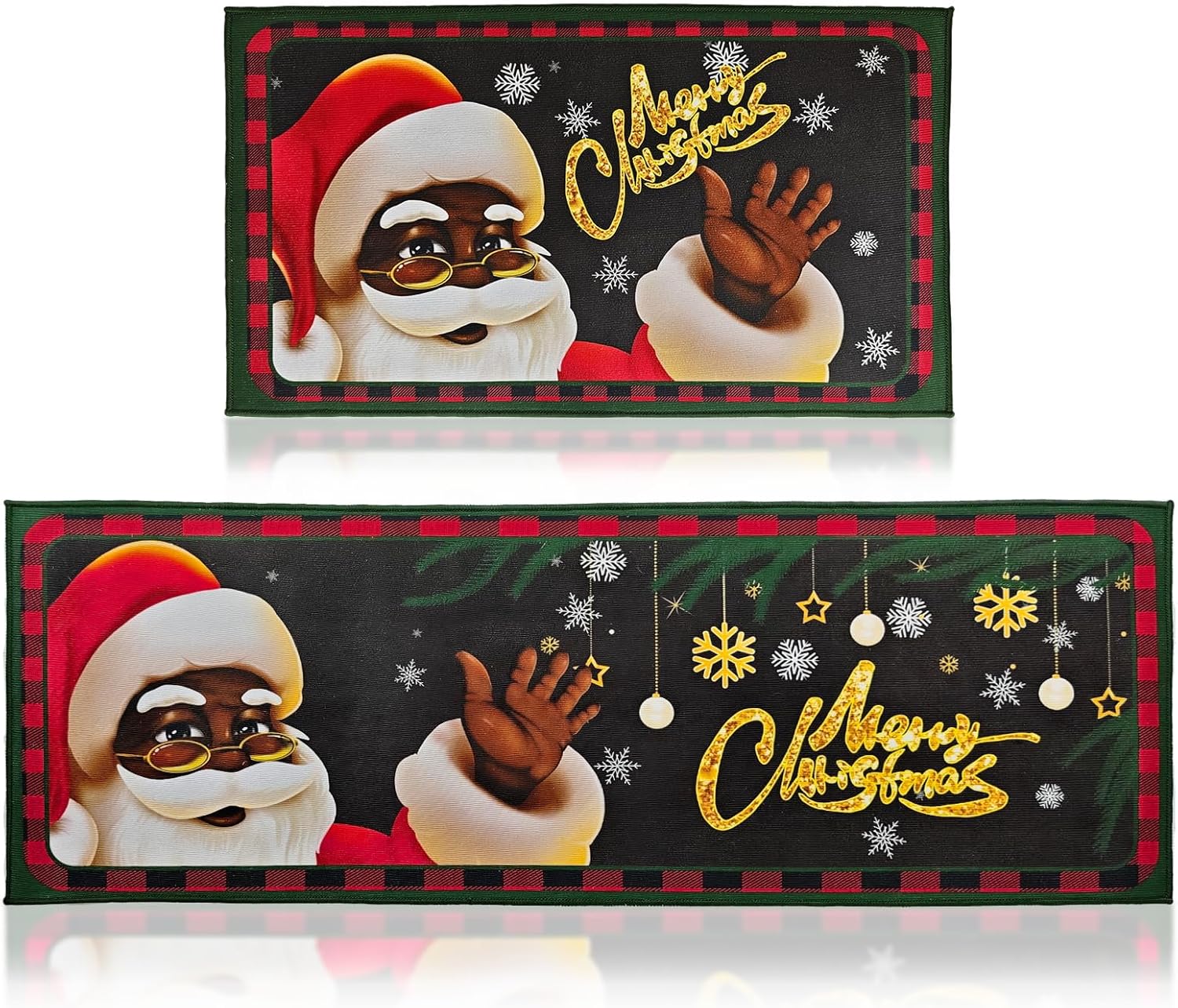 2 Pcs Christmas African American Santa Kitchen Mats,Merry Christmas Kitchen Rugs - Non Slip Black Santa Christmas Kitchen Decor -Xmas Decorations for Floor,Bathroom,Living Room,Doorway 17"x29"+17"x47"