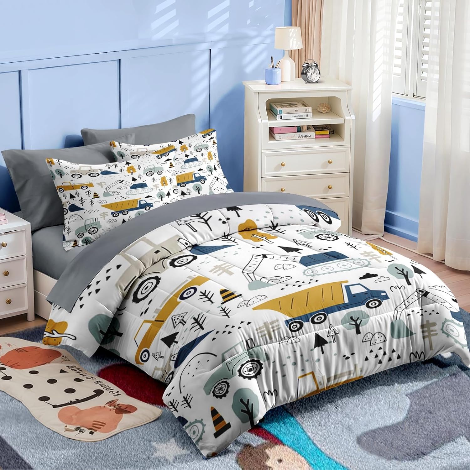 Nesker 4 Pcs Comforter Set Toddler Size, Construction Vehicles Bedding for Kids Teen, Cargo Crane Bulldozer Excavator Bed Sheet with Pillowcase & Sham - Image 4