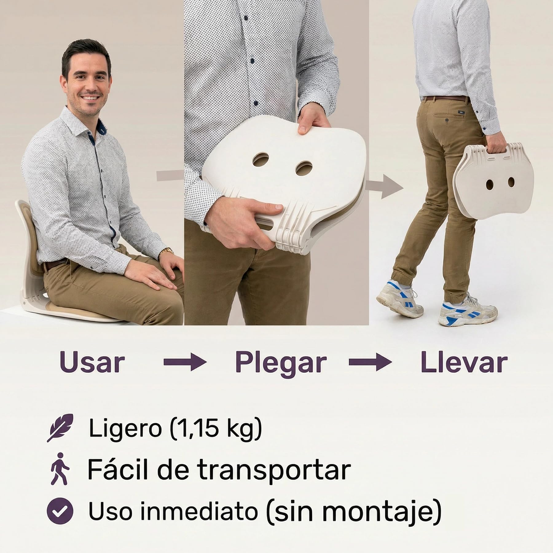 Siège Pliable avec Dossier Premium 200 kg · Support Intégré et Base Stable · Léger et Portable 1,15 kg · Mousse ou Gel · Idéal pour Bancs, Gradins et Extérieur (Mousse Rembourrée, Beige)