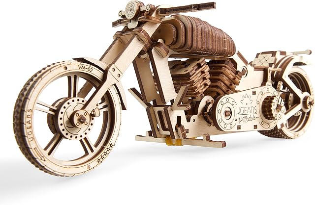 UGears Bike DIY Kit  Wooden Mechanical Motorcycle Project  Bike VM-02 Rubber Band Engine  for Vehicle Passionate and Bikers  Plywood Model with Wide Back Wheel  Refined Gift Idea