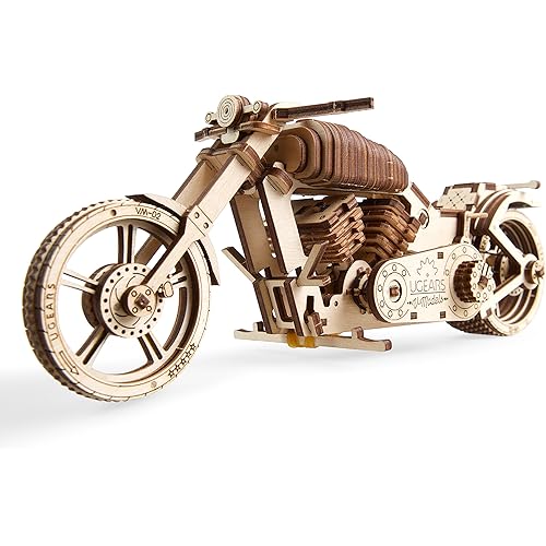 UGEARS Bike DIY Kit – Wooden Mechanical Motorcycle Project – Bike VM-02 Rubber Band Engine – for Vehicle Passionate and Bikers – Plywood Model with Wide Back Wheel – Refined Gift Idea