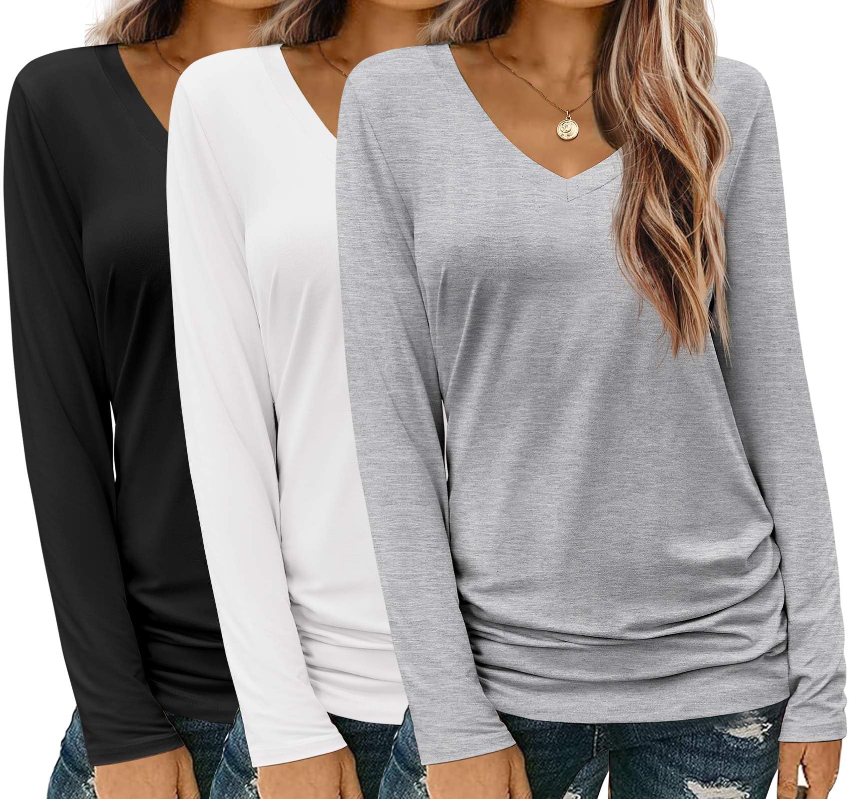 Zeagoo 3 Pack Womens T Shirts V Neck Long Sleeve Shirt Casual Tops Soft Solid Basic Tee Fall Outfits S-XXL