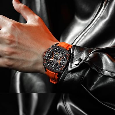 TSAR BOMBA Luxury Mechanical Watches for Men with Carbon Fiber Case Men Wristwatch Luminous 5ATM Water Resistant Men's Watch with Fluorine Rubber Strap Great Gifts for Men