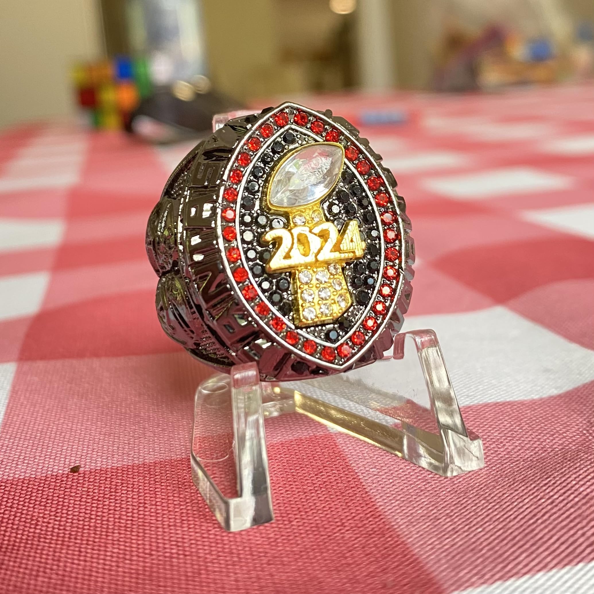 Legacy Rings 2024 Fantasy Football Championship Trophy Ring | Black Gunmetal Plated Award for Fantasy Football League Winner | Color Stones (Red Outer)