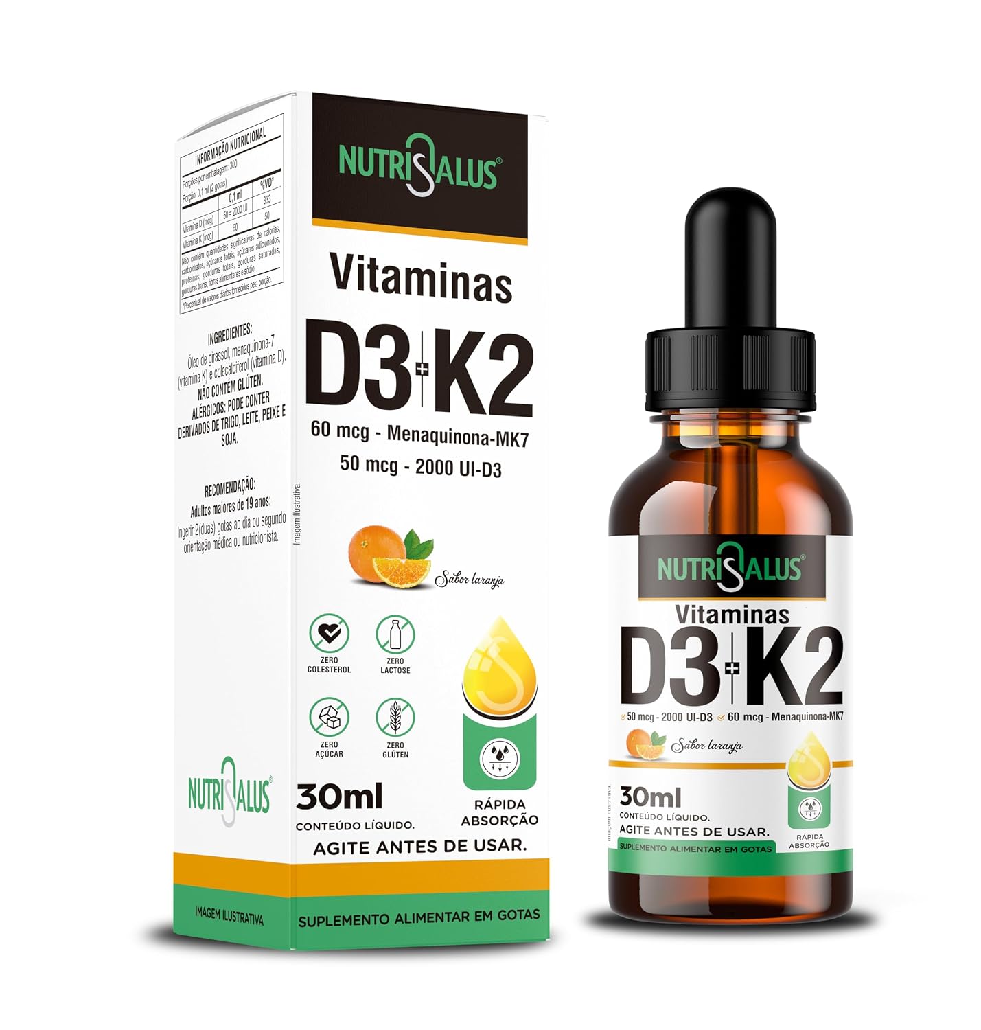Vitamina D3 2000 Ui + K2 – Mk7 60 Mcg Por Dose 30ml – 300 doses de Rápida Absorção – Sabor Laranja – Nutrisalus (3 UNIDADES)