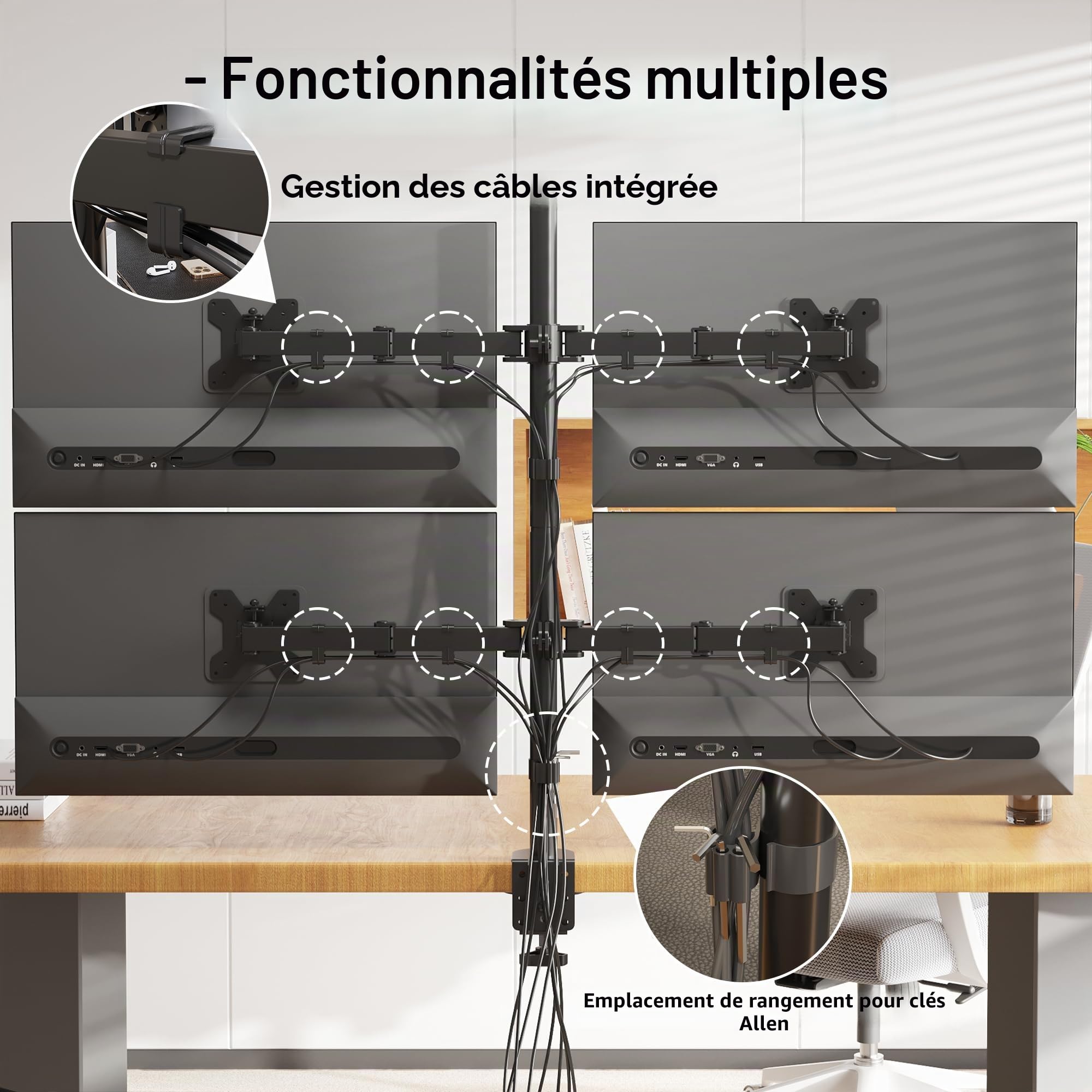 BONTEC Support Ecran PC Support de Bureau à Quatre Bras pour LCD LED Ecran de 13-27 Pouces, Bras Ecran PC Réglable en Hauteur, Inclinable et Pivotant, Charge Maximale de 10kg par, VESA 75/100 mm