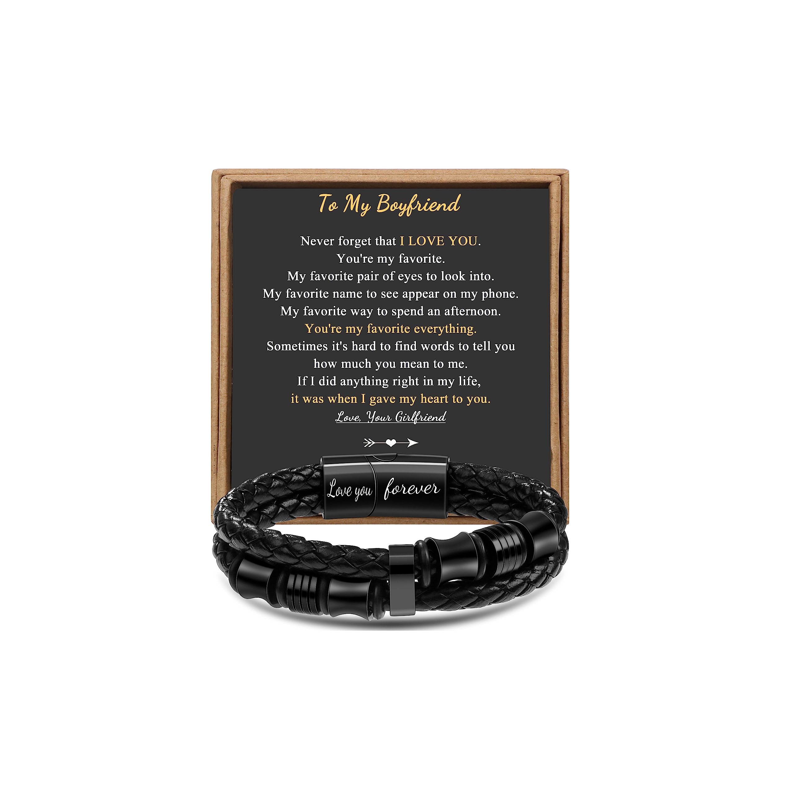 𝐆𝐢𝐟𝐭 𝐟𝐨𝐫 𝐌𝐞𝐧 Braided 𝐋𝐞𝐚𝐭𝐡𝐞𝐫 𝐁𝐫𝐚𝐜𝐞𝐥𝐞𝐭 for Men Dad Husband Boyfriend Son Grandson Brother Stainless Steel Clasp Engraved with Love You Forever Jewelry Birthday Gift 7.5 8.5 9 Inch
