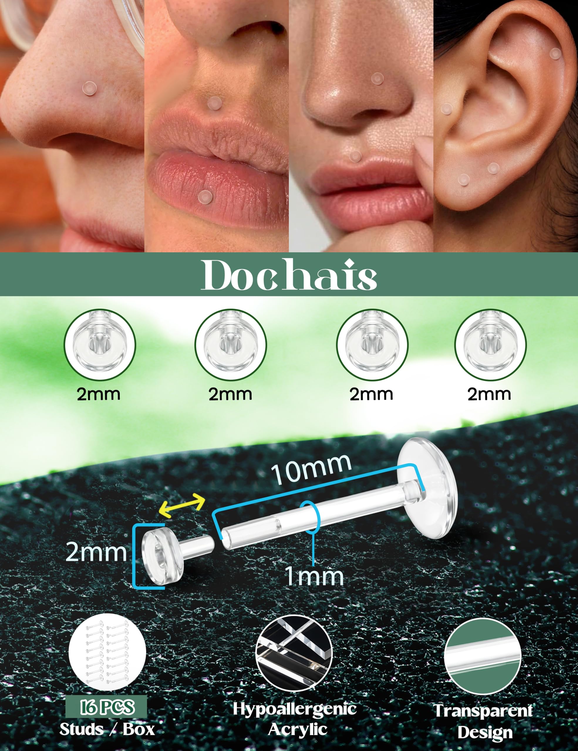 Dochais 18G 16G Transparente Labio Barras Studs Retenedores Acrílico Flexible Nariz Labret Piercing Retenedores Transparente Tragus Hélix Cartílago Piercing Oreja Retenedor 16 Piezas 6mm 8mm 10mm 12mm