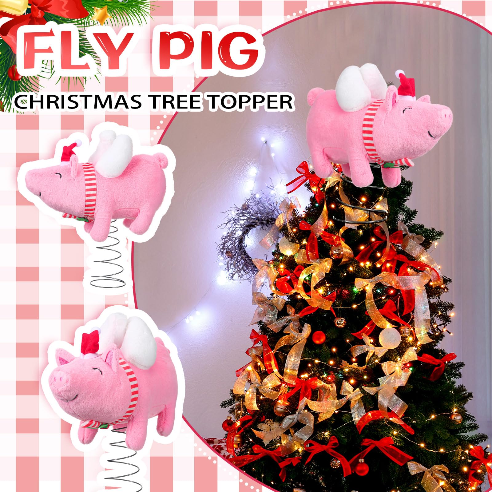 Gejoy Cimier de sapin de Noël en forme de cochon volant pour sapin de Noël, cochon volant rose, vacances d'hiver, décoration d'intérieur