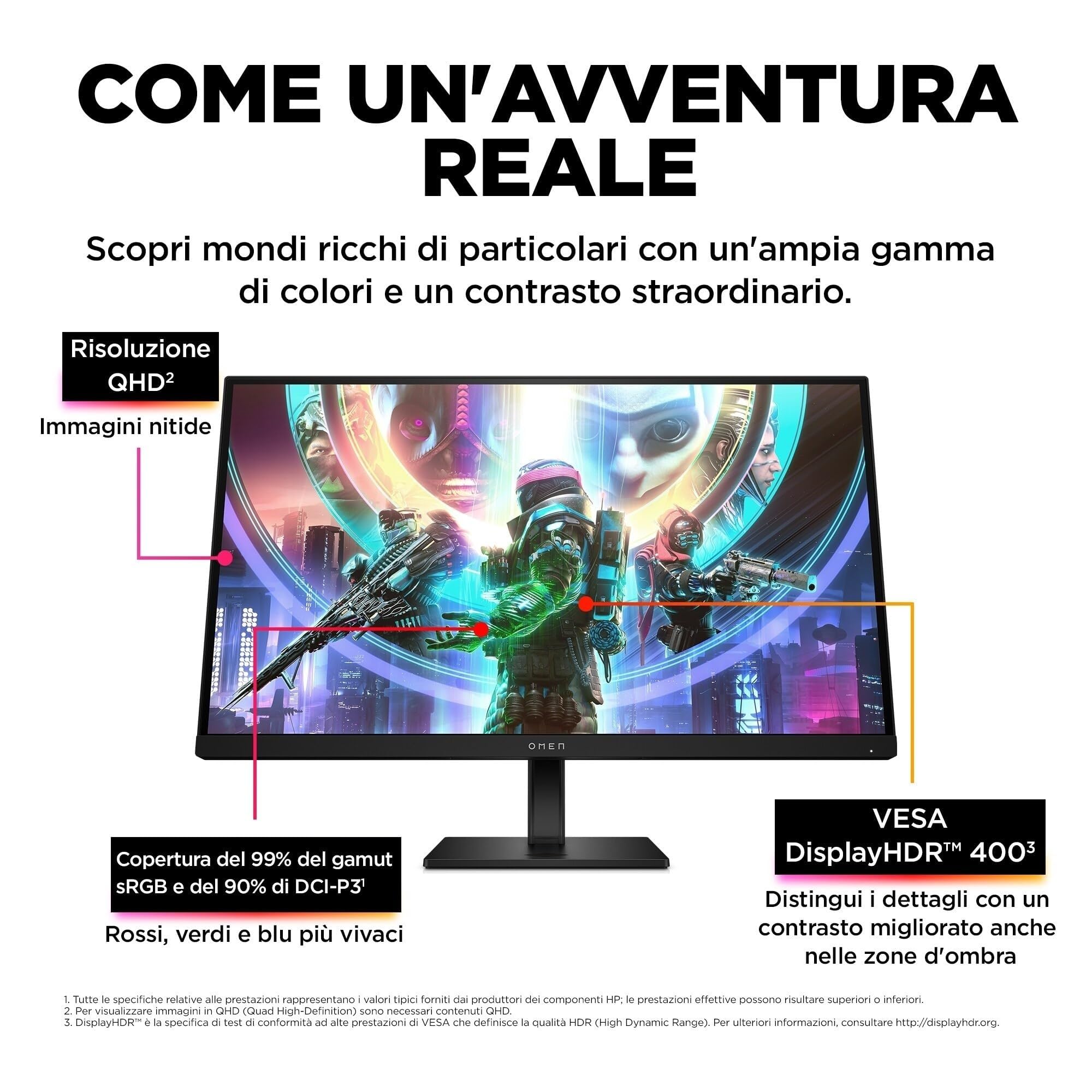 HP OMEN 27qs Monitor da 27 Pollici, Pannello IPS da 16:9 QHD da 240 Hz, 1 ms, Display HDR 400, Antiriflesso, 400 Nits, AMD FreeSync, NVIDIA G-SYNC, VESA 100x100 mm, HDMI 2.0, USB-A e B
