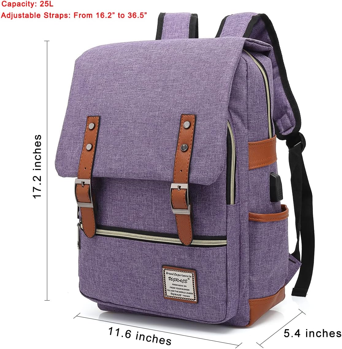 UGRACE Vintage Laptop Backpack with USB Charging Port, Elegant Water Resistant Travelling Backpack Casual Daypacks College Shoulder Bag for Men Women, Fits up to 15.6Inch Laptop in Purple