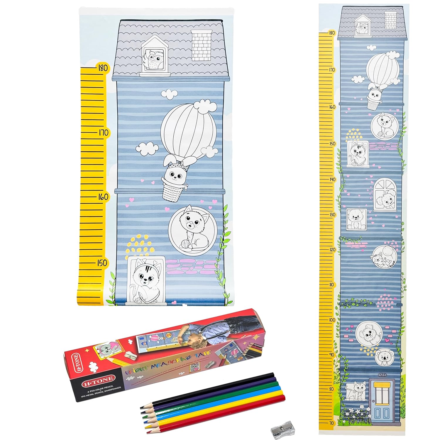 H-TONE Baby Height Growth Chart, Premium Handing Ruler Home Nursery Wall, Growth Tracker for Children Height Record, Decoration Sticker with 6pcs Color Pencils and a Sharpener