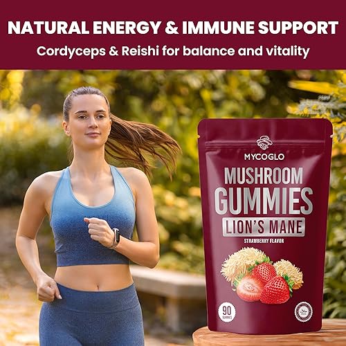 Miniatura 5 de Gomitas orgánicas de melena de león  Deliciosa gomita de melena de león con sabor a fresa  Mezcla de 10 superalimentos de hongos  Apoya la