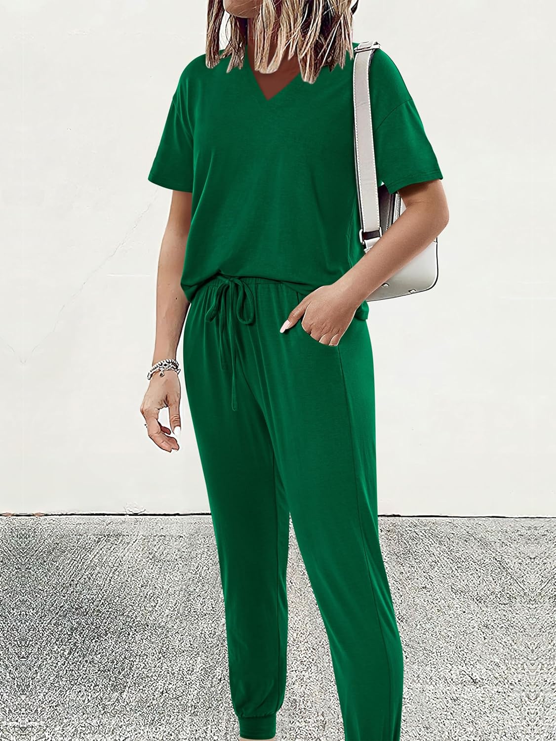 MASCOMODA Womens 2 Piece Outfits Summer Casual V Neck Short Sleeve Tops Long Pants Tracksuit Lounge Jogger Set with Pockets - Image 2