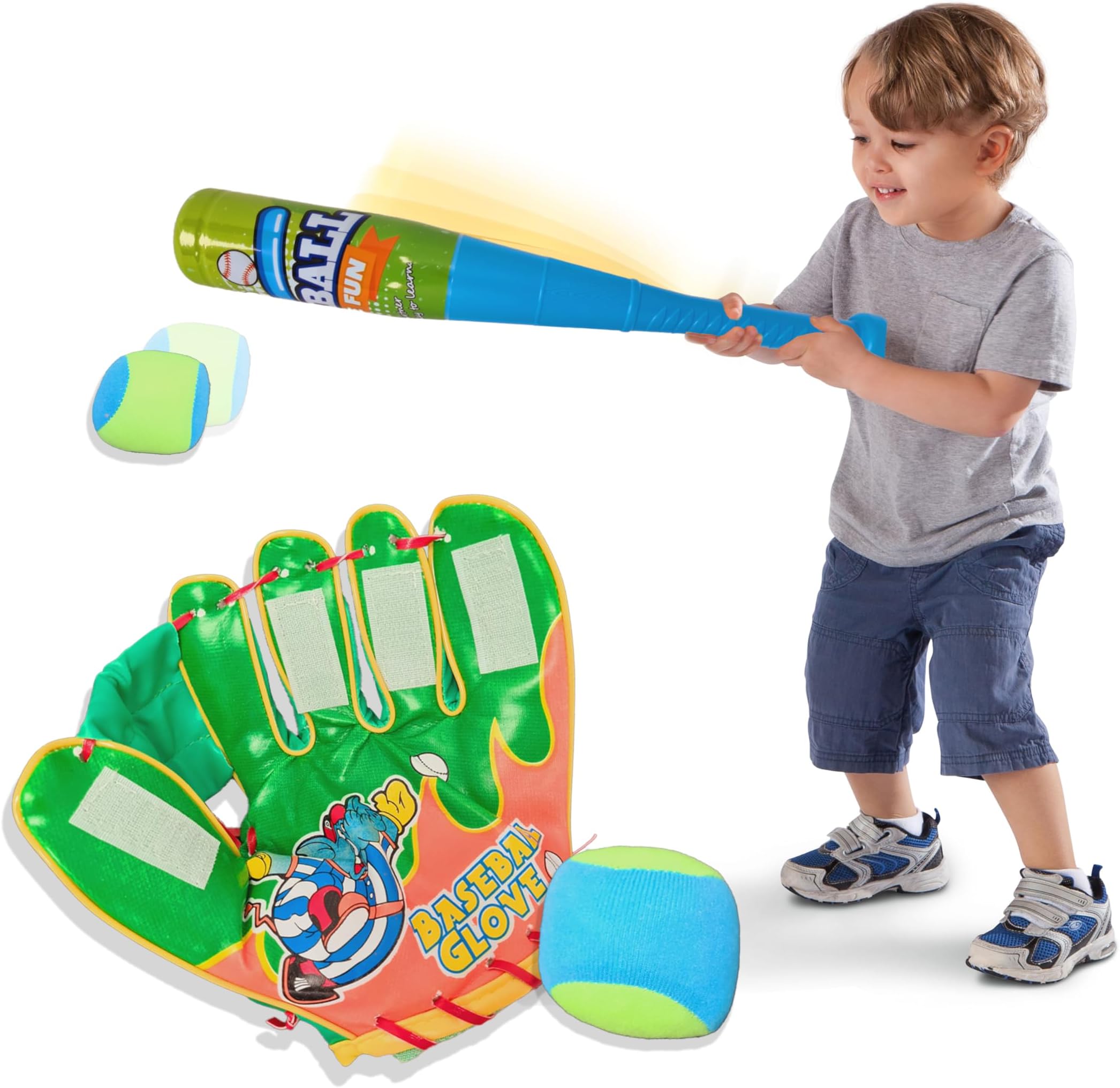 sobebear 4pcs Kids Baseball Toy Set, Lightweight Bat, 2 Soft Balls and Glovem, Safe Outdoor Sports Playset for Boys and Girls, Rounders Set with Soft Grip for Boys and Grils Ages 3+ Years