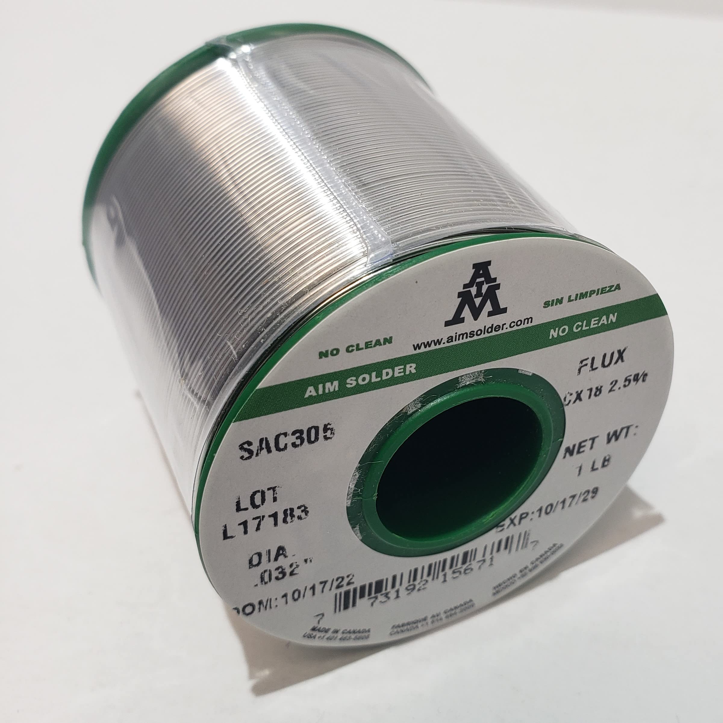 AIM Wire Solder, 15671, No-Clean, SAC305, CX18 Flux 2.5%, Diameter: 0.032