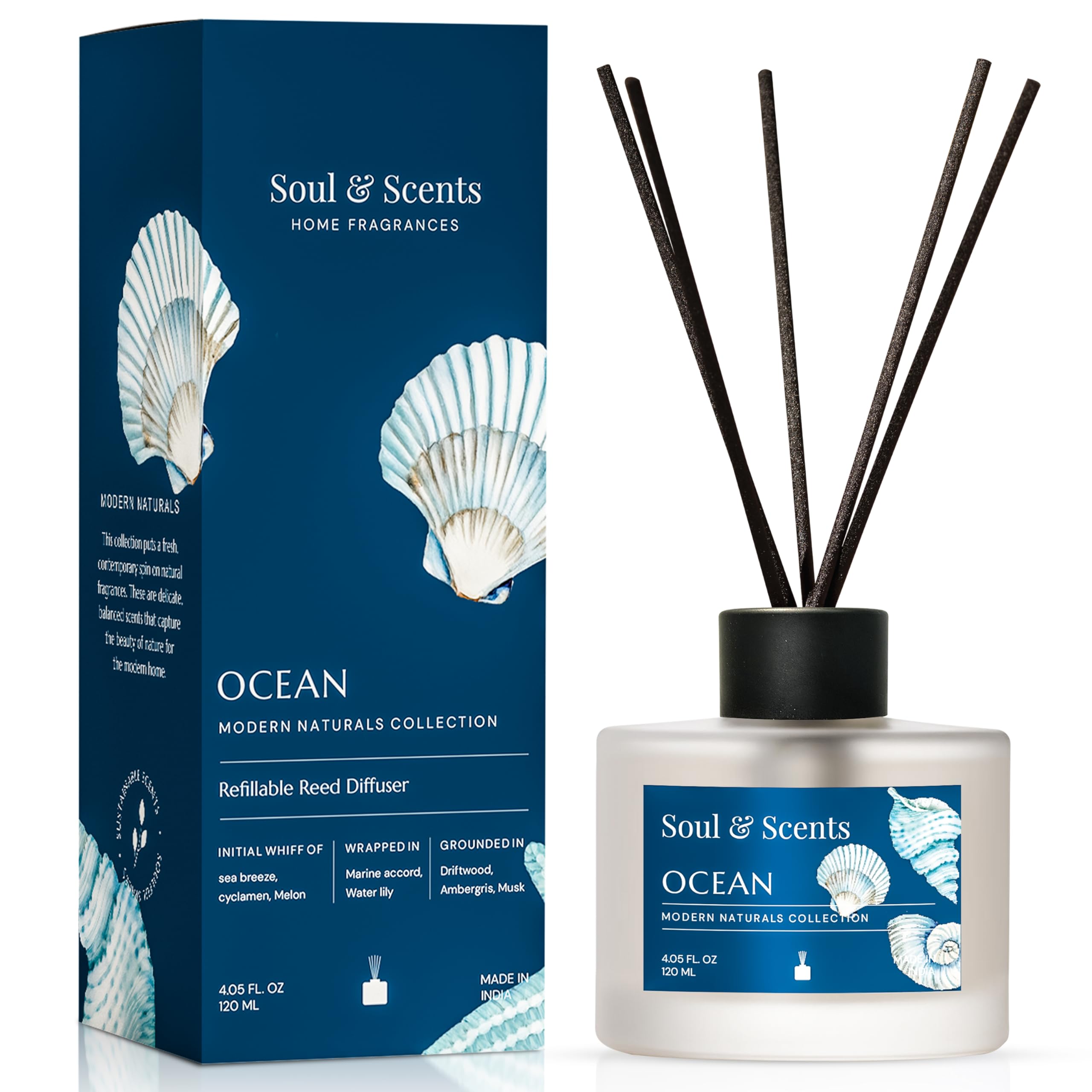 Soul & Scents Glass 120ml Ocean Reed Diffuser Set | Free 6 Fiber Reed Sticks | Stress Relief & Aromatherapy | Long-Lasting, Smoke-Free Air Freshener for Home, Bedroom & Office | Ideal for Gifting