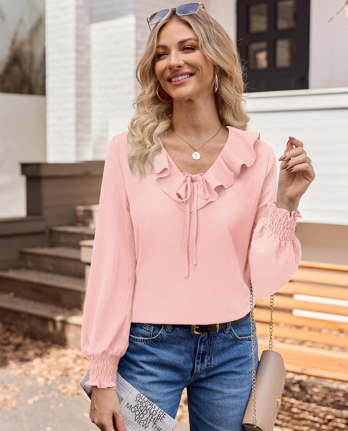 siliteelon Womens Dressy Casual Blouses: Long Sleeve Puff V Neck Dressy Casual Business Fashion Cute 2026 Spring Ladies Tops - Image 2