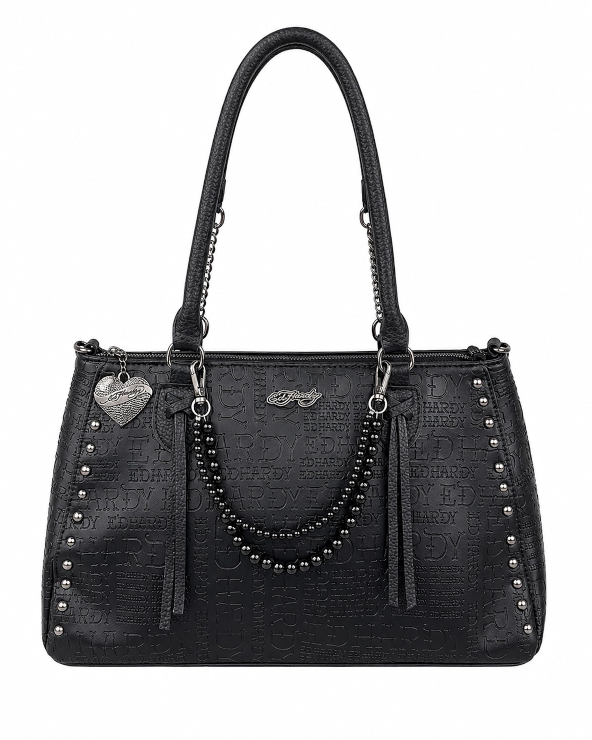 Ed Hardy Embossed Logo Tote Shoulder Bag with Studded Sides