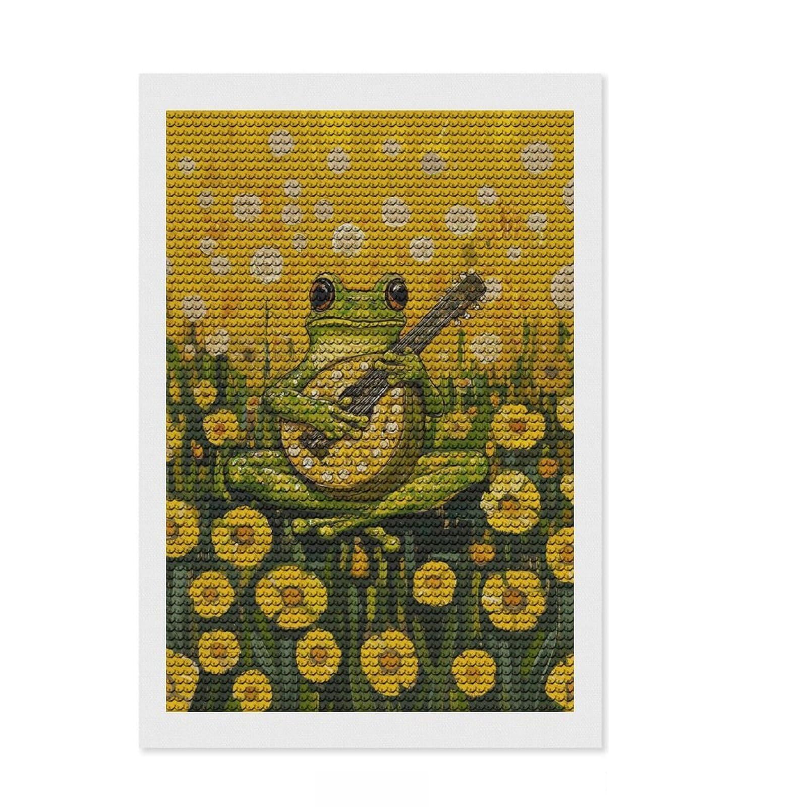 Junmoney Frog Playing Mandolin Diamond Painting Set 8"x12", for Creative Relaxation, Boho Decor, Nice Detail and Sparkle, Thoughtful Handmade Gift