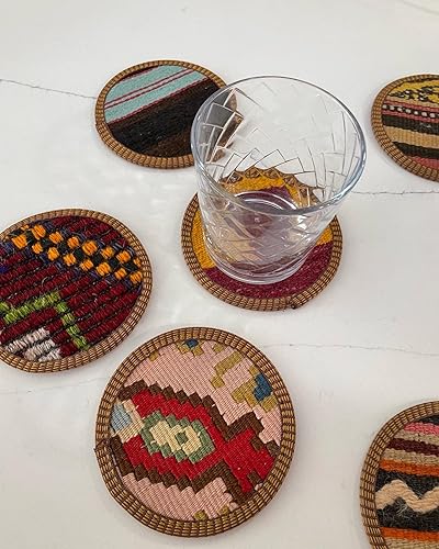 Miniatura 1 de Kilim - Juego de posavasos de tela, posavasos de tela, juego de posavasos de tela, Kilim turco auténtico, tela única, hechos a mano, posavasos