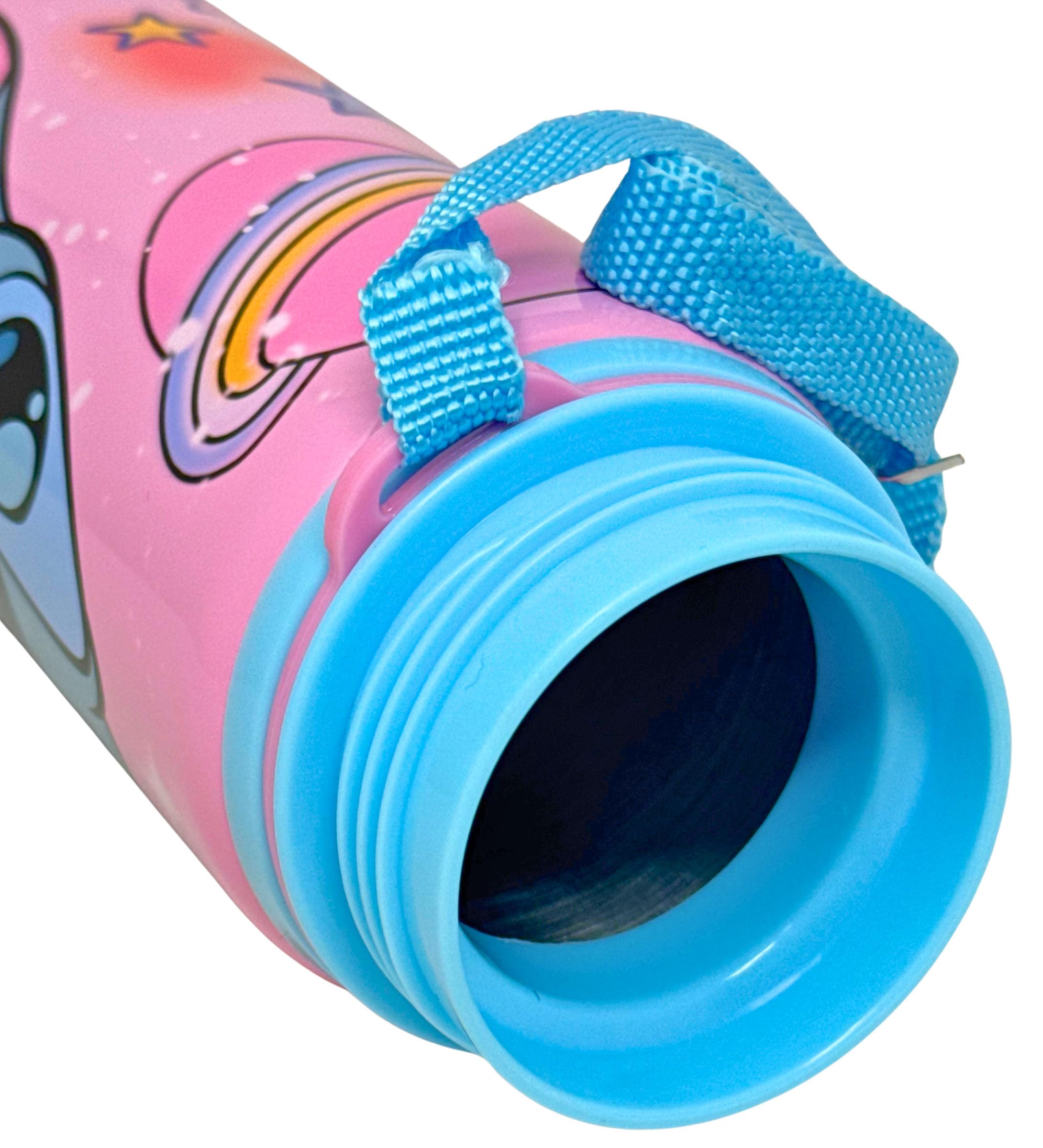 Botella de Agua Infantil Niña para Stitch Fan - Cantimplora Aluminio 600ml con Pajita y Correa (3-10 Años) - Antigoteo, Sin BPA, con Etiqueta Nombre - Ideal Colegio y Guardería