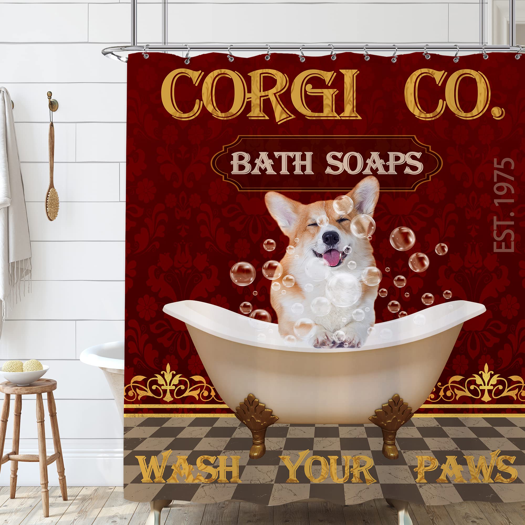 Laifzere Funny Corgi Dog Shower Curtain for Kids Bath - Rustic Vintage Fabric, Waterproof, 60x72 Inch