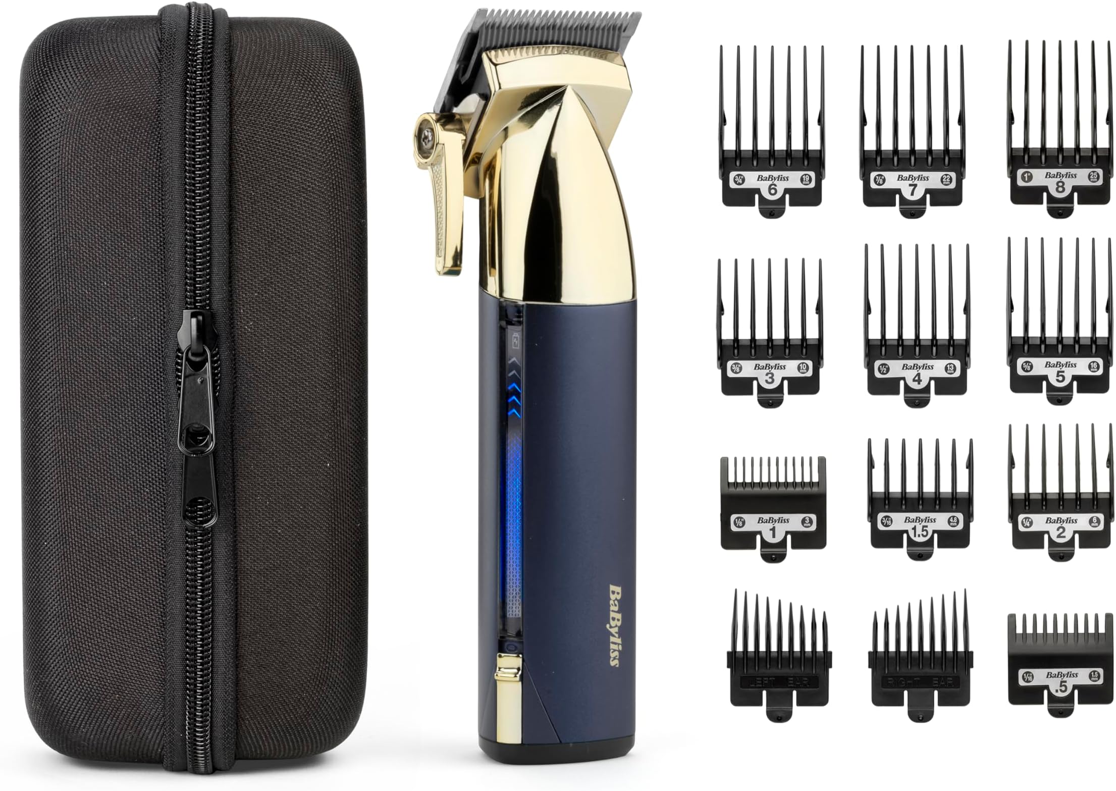 Super-X Metal Series, Cordless Hair Clipper - Japanese Steel Blades, 10 Comb Attachments, 2 Tapered Guides, Lithium Battery, Digital Display, Metal Body, Blue/Gold, E992U