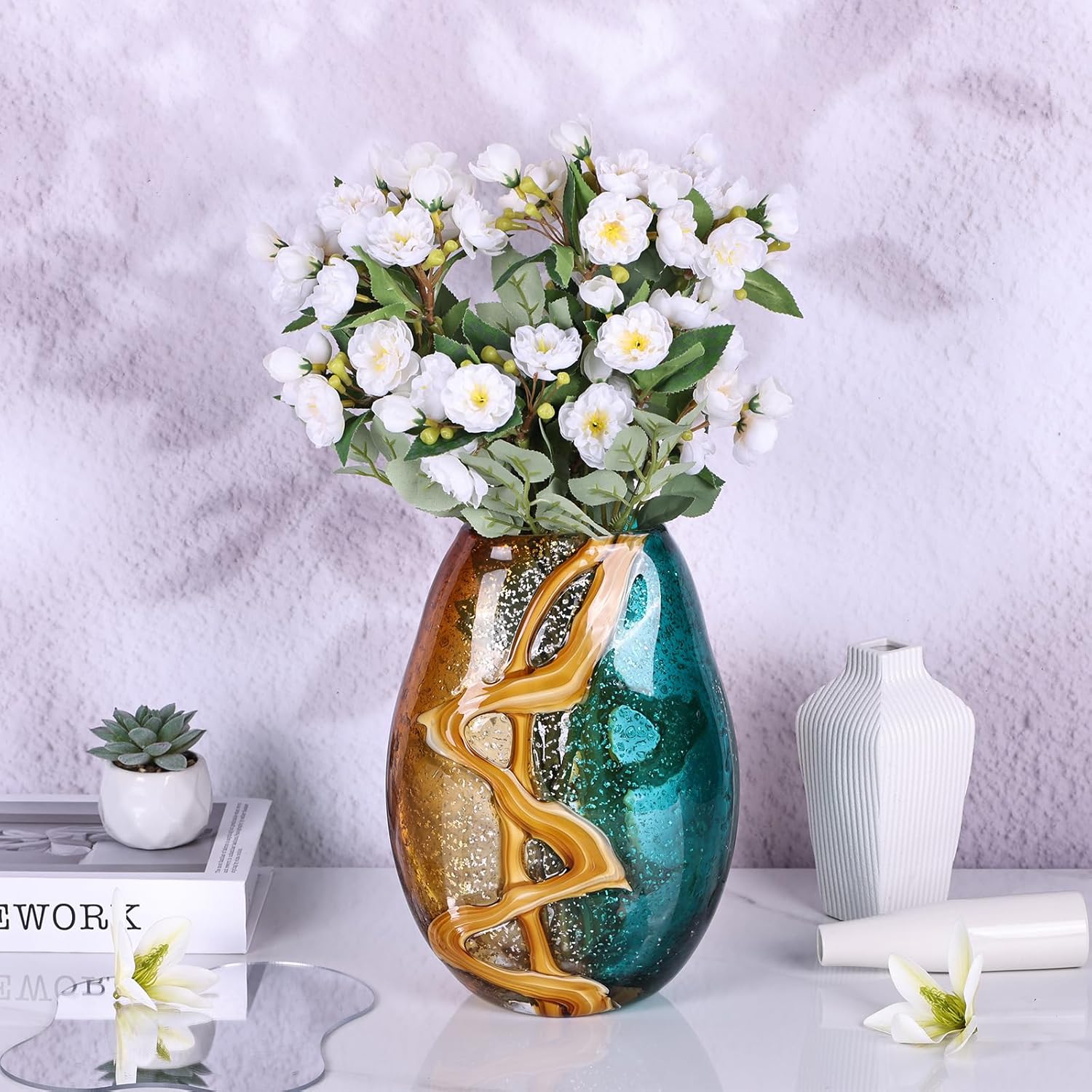 Teal Glass Vase,Hand Blown Green Flower Bulk,Murano Glass Vases,Unique Table Decor, Flowers with Decorative,Teal Vase Decor,for Bookshelf,Living Room,Office,Gift (M) - Image 5