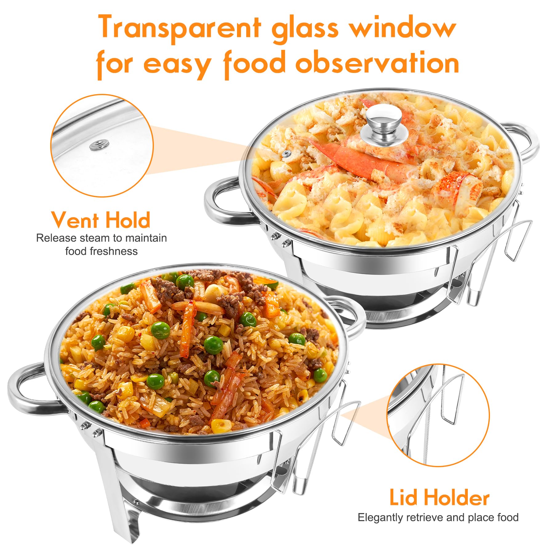 Dervipas 2024 5QT Chafing Dish Buffet Set, Stainless Steel Round Chafers for Catering with Glass Viewing Lid & Lid Holder, Buffet Servers and Warmers Set for Parties Catering and Dinners (5QT 2PACK)