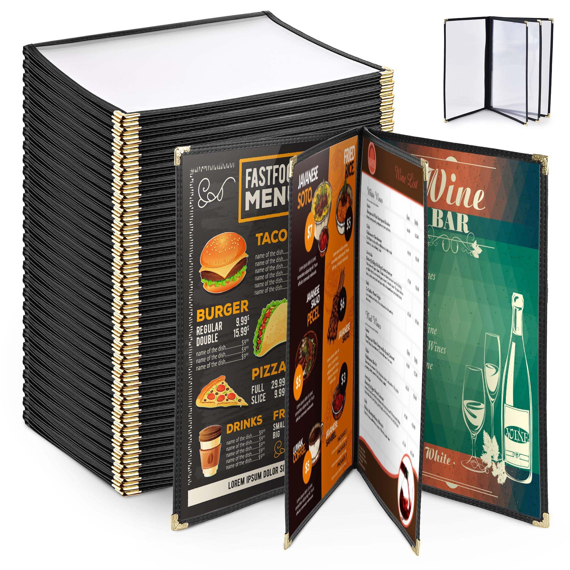 Yescom 20 Pack 8.5"x14" 4 Page 8 View Menu Covers Black Trim Legal Size for Food Restaurant Cafe Bar