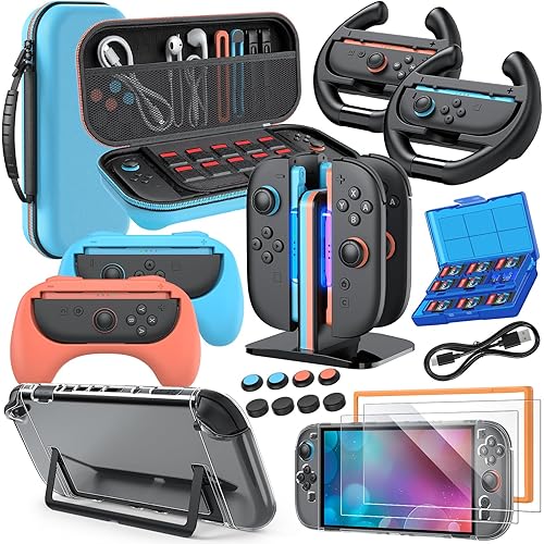 Switch 2 Accessories, Bundle Case for Nintendo Switch 2 (2025), MENEEA 20-IN-1 Kits: Carrying Case, Controller Charger Dock, Grips for Joy Con,Steering Wheels for Mario Kart,Protective Cover for Controller Console for Switch 2 (Blue)