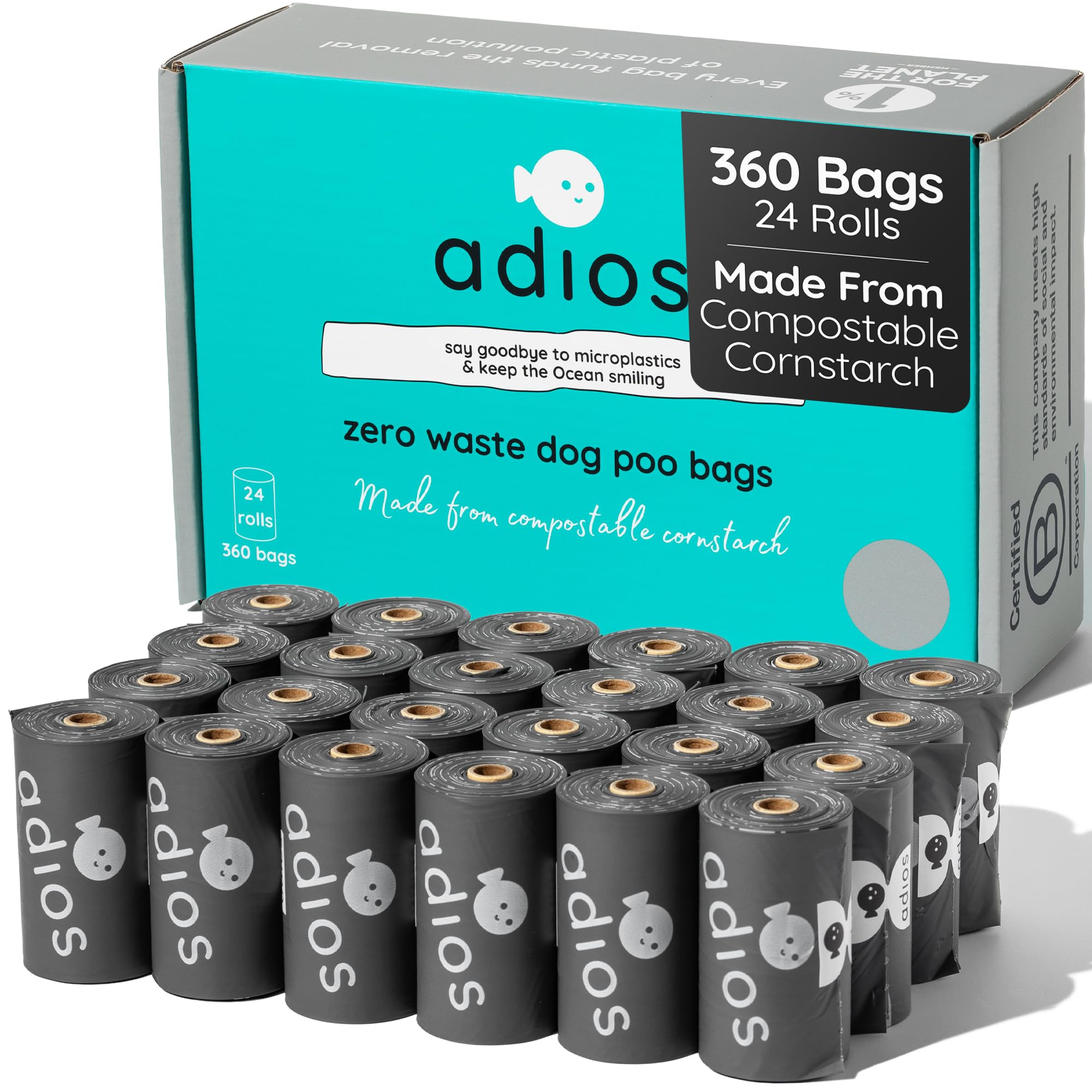 Adios Dog Poo Bags - Biodegradable - Compostable - 60 Bags