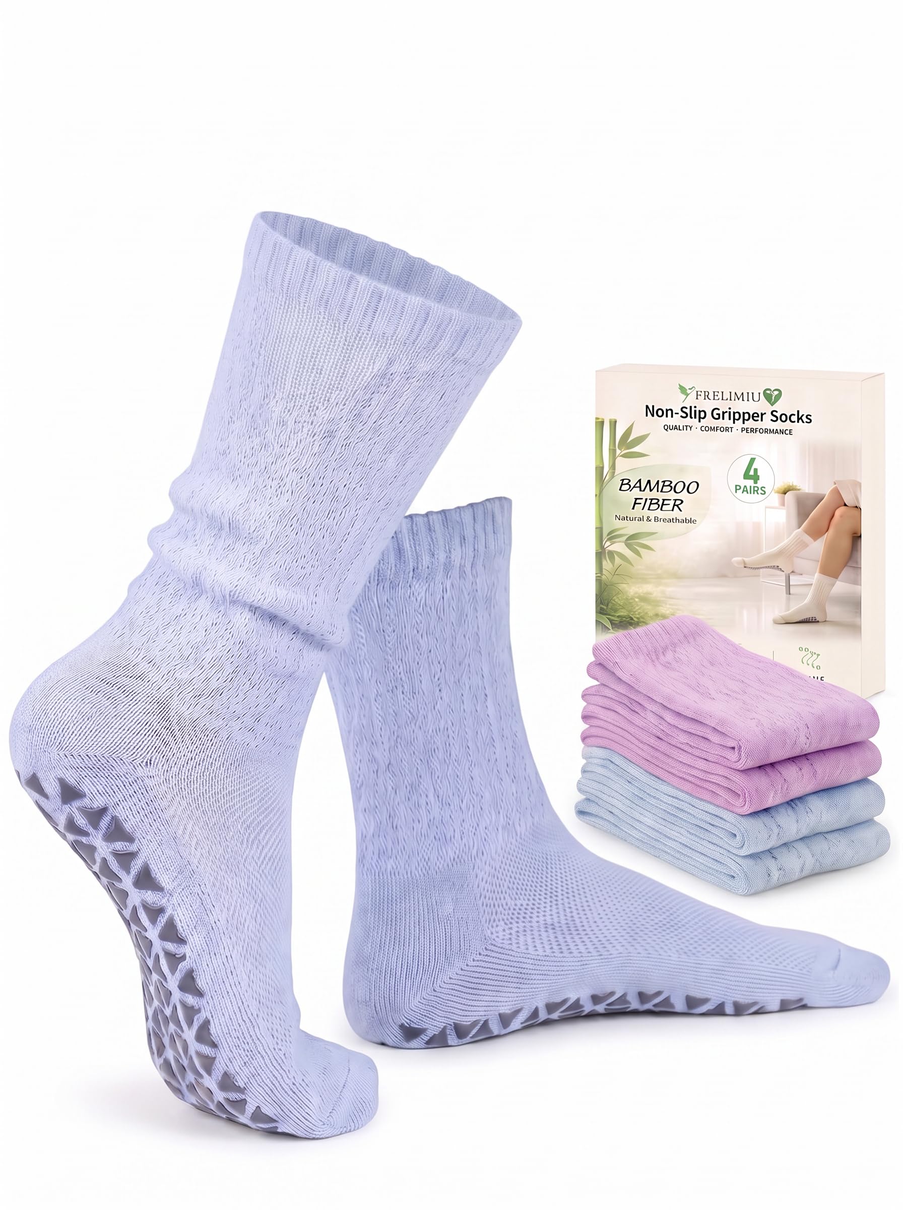 Frelimiu Diabetic Socks with Grippers for Women - 4 Pairs Soft Viscose Blend Hospital Grip Socks, Non-Slip Crew Socks with Non-Binding Loose Fit for Neuropathy Edema Elderly 6-10