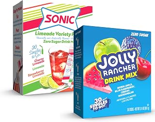 Jolly Rancher & Sonic Limeade Drink Mix Variety Pack – 60 Singles to Go Powdered Drink Mix Sticks – Zero Sugar, Low Calorie, Fruity Water Flavor Packets – Green Apple, Cherry Limeade & More