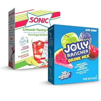 Jolly Rancher & Sonic Limeade Drink Mix Variety Pack 60 Singles to Go Powdered Drink Mix Sticks Zero Sugar, Low Calorie, Fruity Water Flavor Packets Green Apple, Cherry Limeade & More