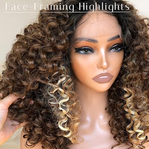 Miniatura 6 de BlackSwern Pelucas de encaje frontal rizado marrón sin pegamento, previamente despuntadas, pelucas de encaje frontal de cabello rizado, pelucas