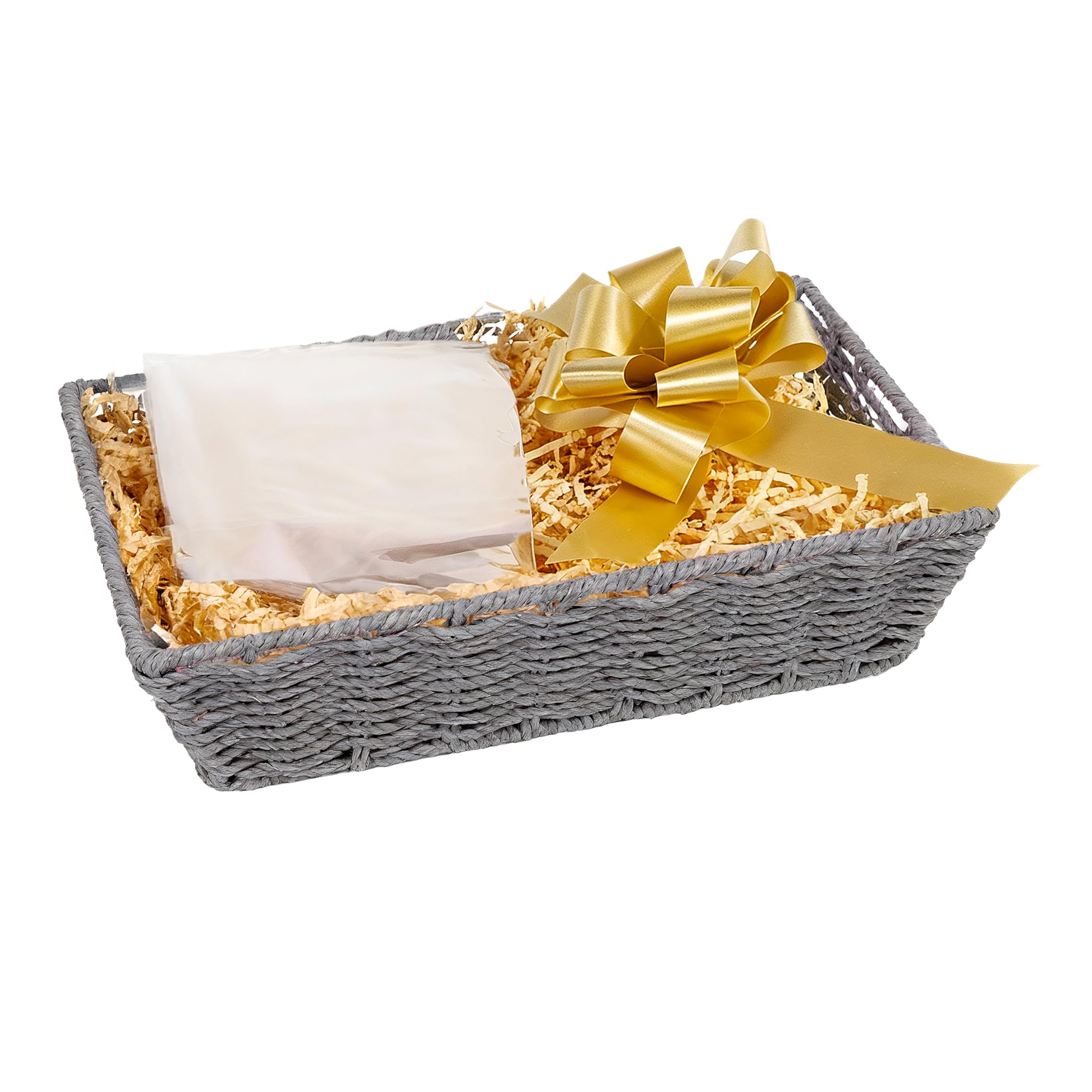 Wickerfield Gift Hamper Basket Kit with Shredded Paper, Make Your Own Gift Hamper, Paper Rope Storage Organiser, Woven Wicker Basket (Grey Basket, Beige Filling)